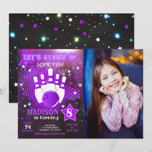 Bowling Invitation Glow Neon Girl Photo Birthday