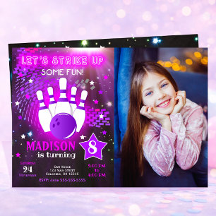 Bowling Invitation Glow Neon Girl Photo Birthday