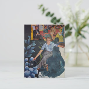 Bowling Man Retro Mixed Media Collage Postcard