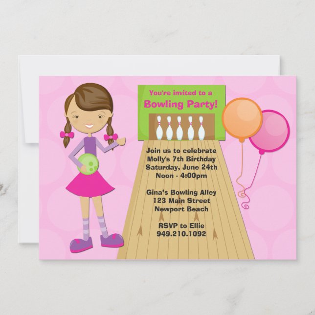 Bowling Party Birthday Invitation for Girl (Front)
