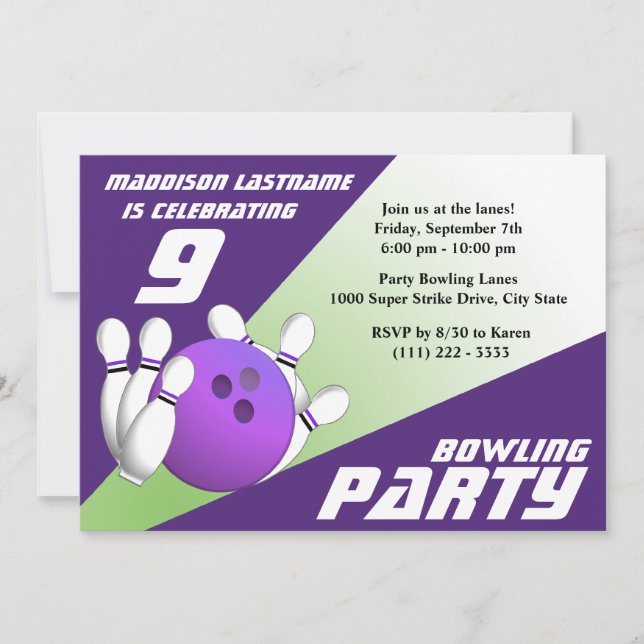 Bowling Party Birthday Purple and Green Invitation (Front)