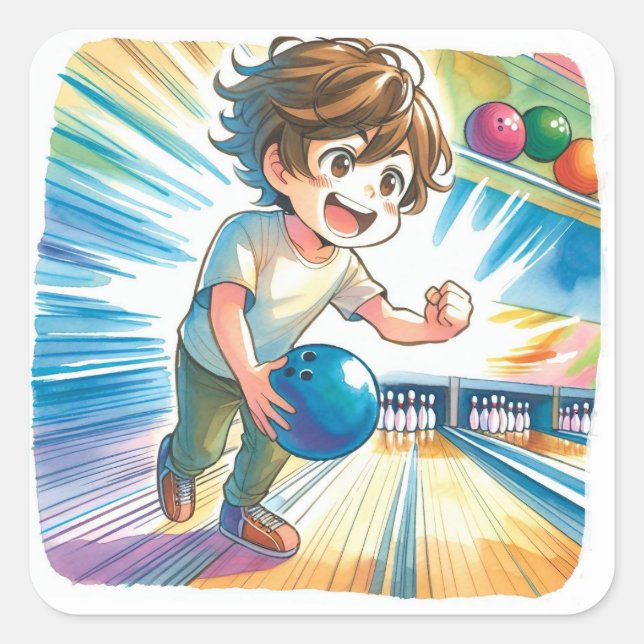 Bowling Party Boy's Anime Birthday Welcome Square Sticker (Front)