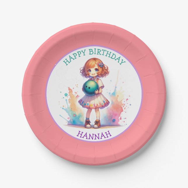 Bowling Party Girl's Anime Birthday Personalized  Paper Plate (Front)