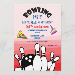Bowling Party Invitation Ball and Pins Pizza and C