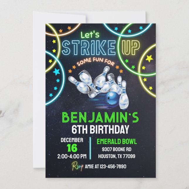 Bowling Party Invitation garçons Grève Un Peu Amus (Devant)