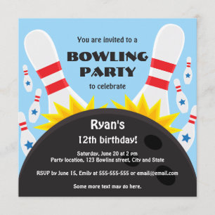 Bowling party invitation with bowling ball, blue