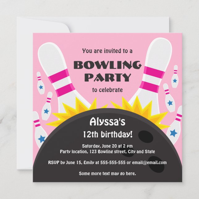 Bowling party invitation with bowling ball, pink (Front)