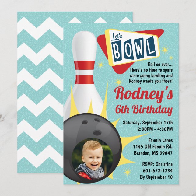 Bowling Party Retro Tenpin with Photo Invitation (Front/Back)