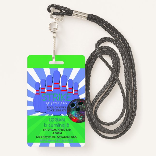 Bowling party, VIP Pass ,Invitation, boys Bowl, Badge (Back with Lanyard)