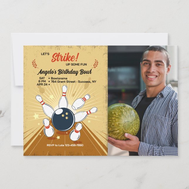 Bowling Photo Birthday Invitation (Front)