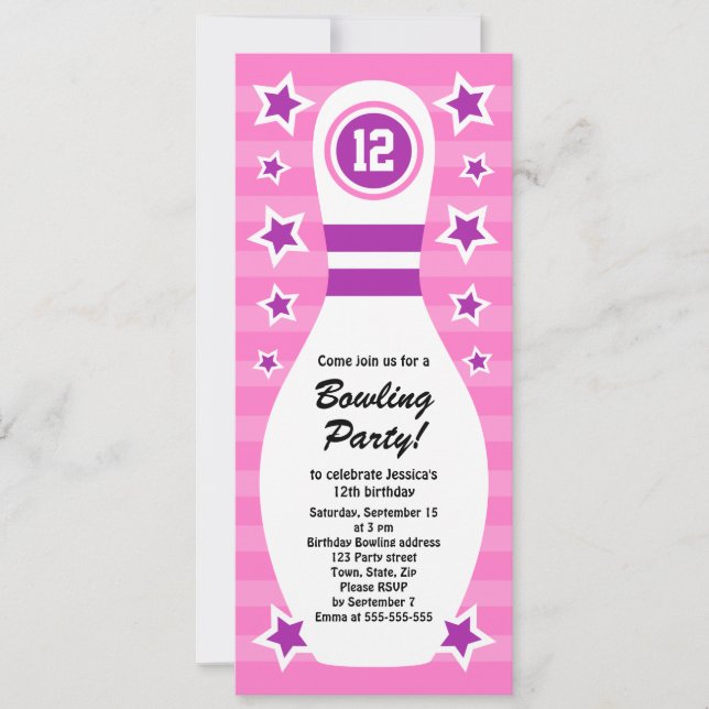 Bowling pin birthday party invitation with stars (Front)