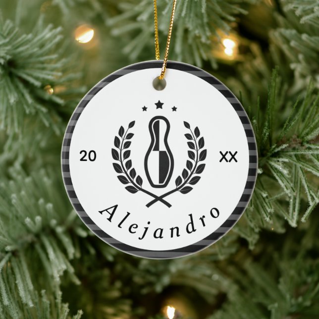 Bowling Pin Logo & Custom Name Year Sports Theme Ceramic Ornament (Tree)