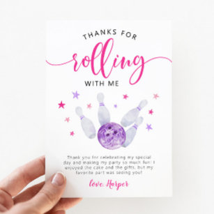 Bowling Pink Birthday Thanks For Rolling With Me Thank You Card