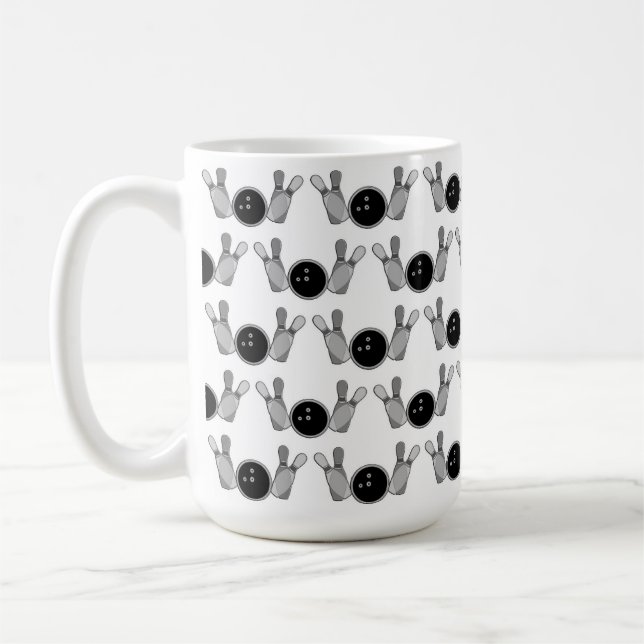 Bowling pins and balls black, white coffee mug (Left)