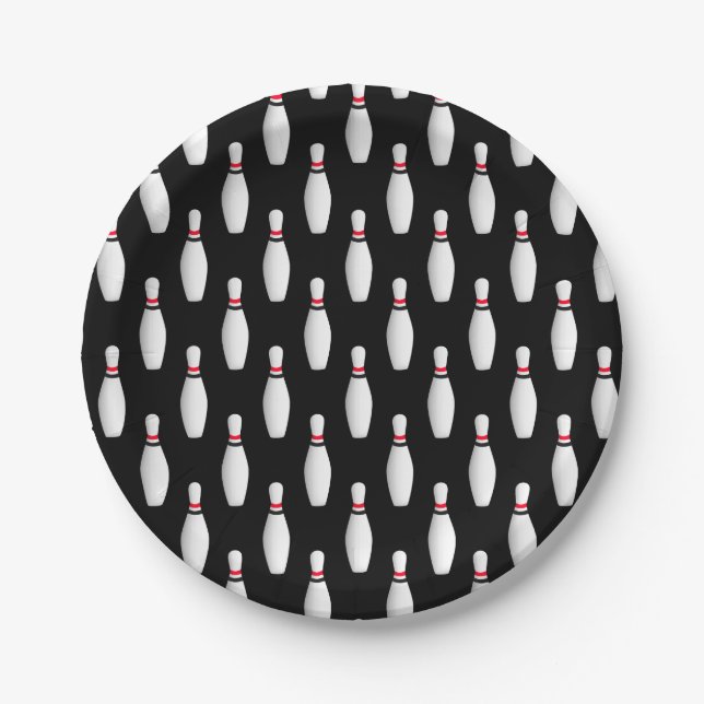 bowling pins on black paper plate (Front)