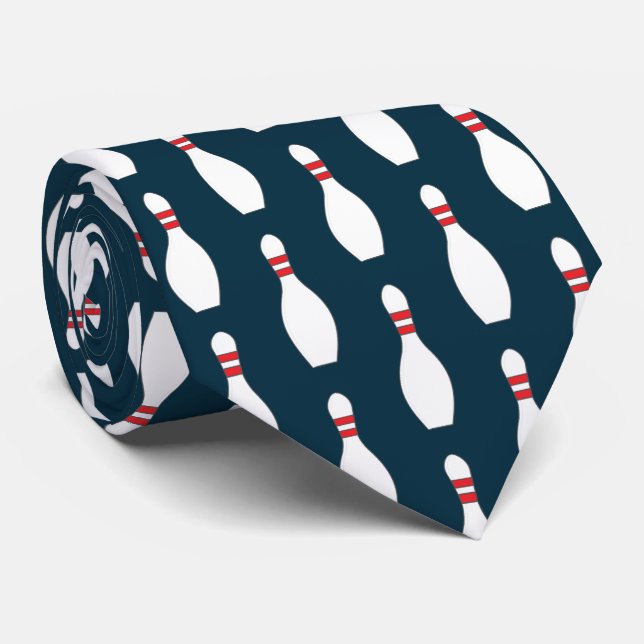 Bowling Pins Pattern Teal Blue background Tie (Rolled)