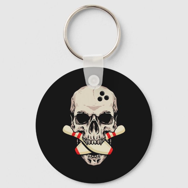 Bowling Pins Retro Skull Skeleton Head Bowling Bal Keychain (Front)