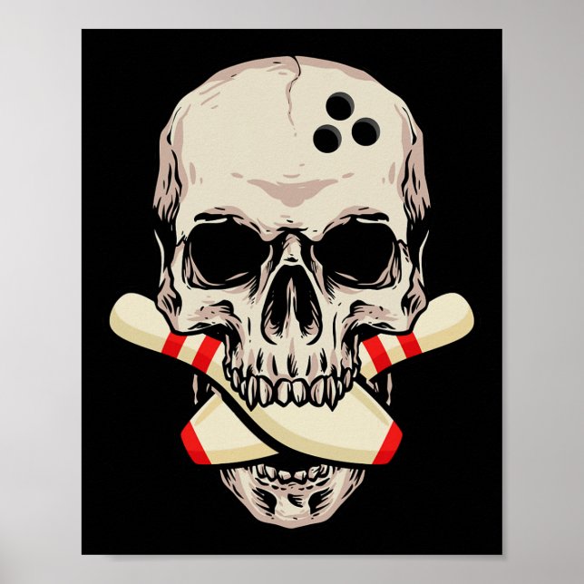 Bowling Pins Retro Skull Skeleton Head Bowling Bal Poster (Front)