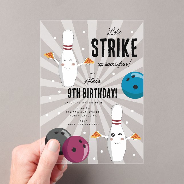 Bowling Pizza Strike Up Some Fun Kids Birthday  Acrylic Invitations (Insitu (Handheld))