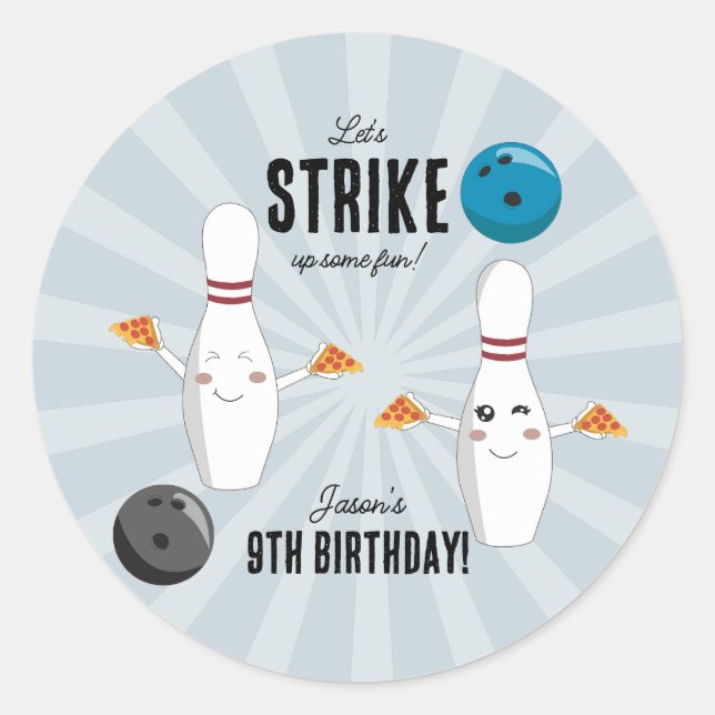 Bowling Pizza Strike Up Some Fun Kids Birthday  Classic Round Sticker (Front)