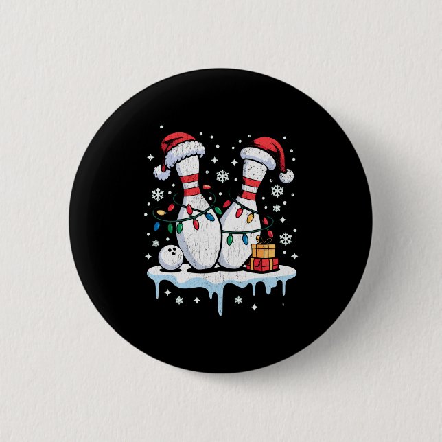 Bowling Santa Hat Funny Christmas Long Sleeve  2 Inch Round Button (Front)