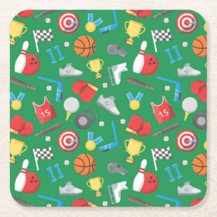 Bowling, Skating, Archery, Basketball, Boxing Fun Square Paper Coaster