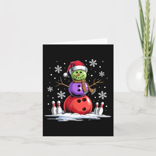 Bowling Snowman Bowling Player Santa Hat Christmas Card (Front)