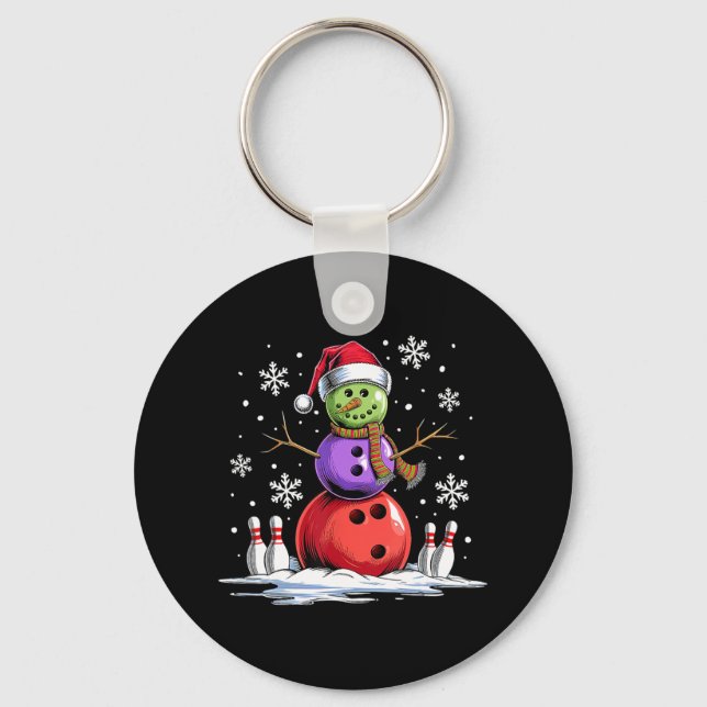 Bowling Snowman Bowling Player Santa Hat Christmas Keychain (Front)