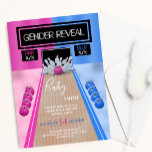 Bowling Sport Blue and Pink Gender Reveal Party Invitation<br><div class="desc">A bowling sport themed Baby Gender Reveal party invitation. A blue and pink bowling alley is decorated with bowling balls, and a neon light screen that reads Gender Reveal and team blue and pink. A pink bowling ball is seen scattering the pins. The white typography text on the aisle reads...</div>