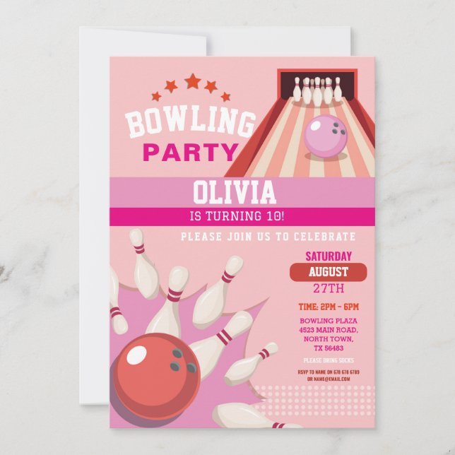 Bowling Strike Fun Bowl Pink Girls Birthday  Invitation (Front)