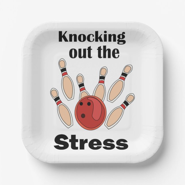 Bowling Strike Knocking Out Stress Bowling Party Paper Plate (Front)