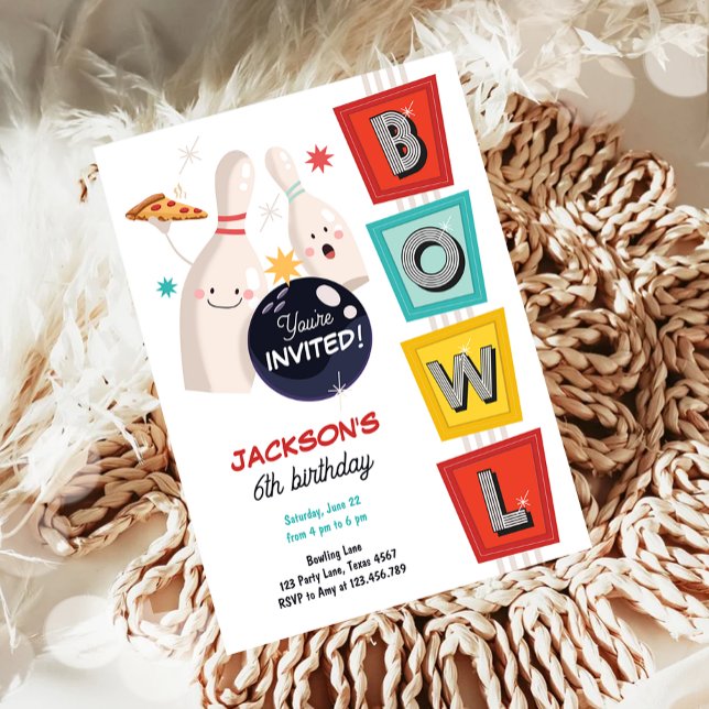 Bowling Strike Up Some Fun Retro Boy Girl Birthday Invitation (Creator Uploaded)