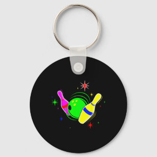 Bowling T Shirt 80s Retro Neon Sign Strike Bowling Keychain