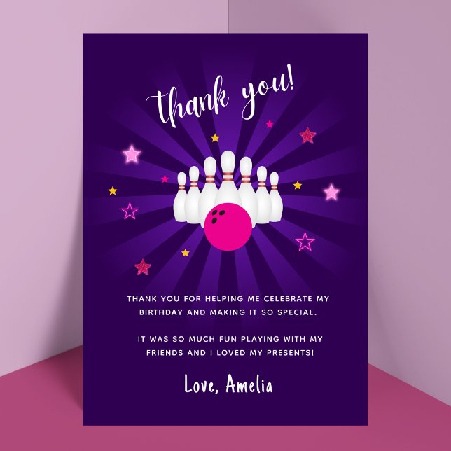 Bowling Themed Birthday Party Pink Purple Stars Thank You Card (Creator Uploaded)