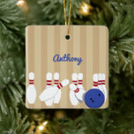 Bowling Themed Personalized Photo Ceramic Ornament<br><div class="desc">Create the perfect Christmas gift for bowlers. The front of this ornament has an illustration of a bowling ball and bowling pins with a spot to add your name or other custom text in blue script lettering. The reverse side is ready to be customized with your own photo.</div>