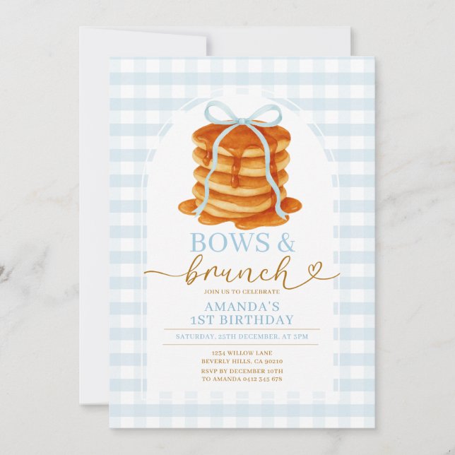 Bows and Brunch Pancake Blue 1st Birthday Gingham Invitation (Front)