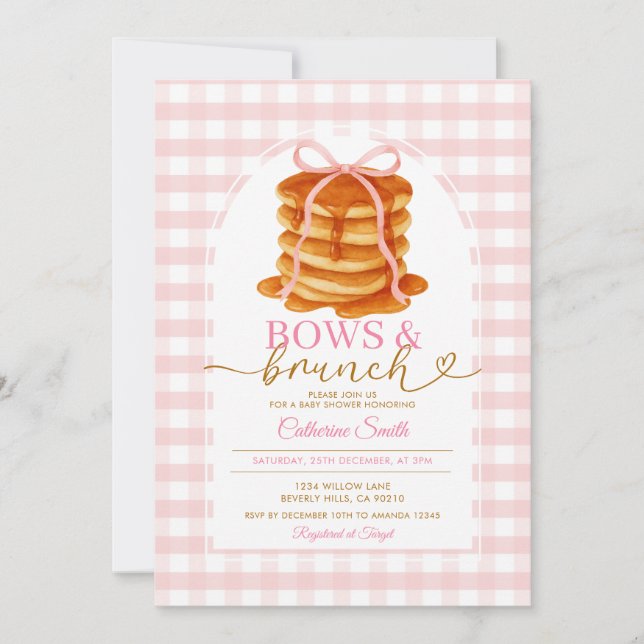 Bows and Brunch Pancake Blue Baby Shower Gingham Invitation (Front)