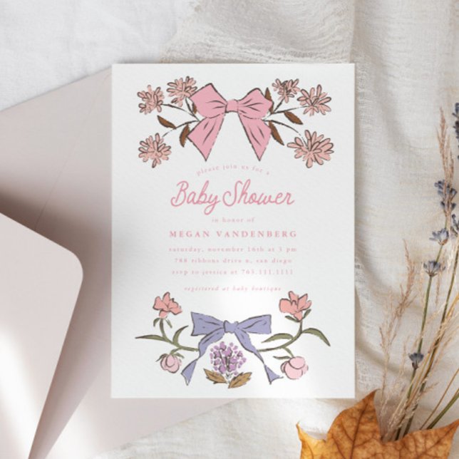 Bows and Flowers Girl Baby Shower Invitation (Creator Uploaded)