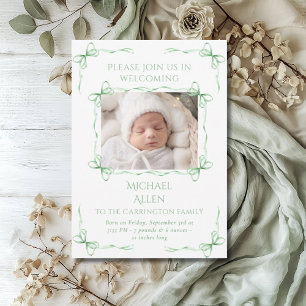 Bows Baby Green Photo Birth Announcement Card