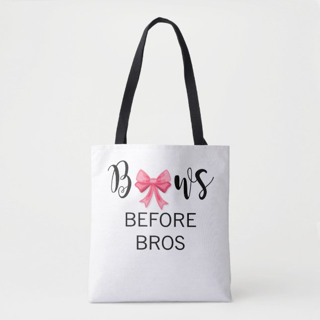 Bows Before Bros Pink Bow Black Lettering Tote Bag (Front)