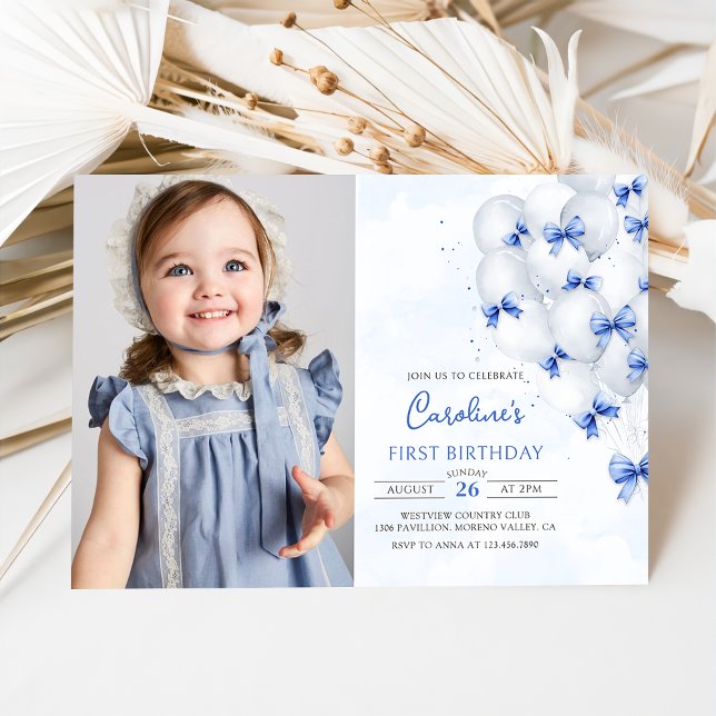 Bows Bleus Ballons Anniversaire Photo Invitation (Créateur téléchargé)