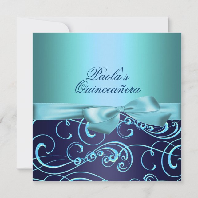 Bows Bleus & Swirl Quinceañera Invitation (Devant)