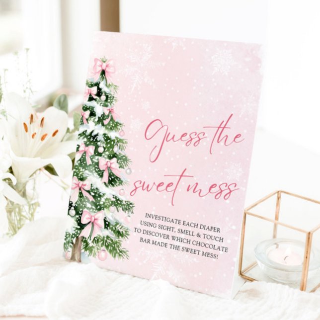 Bows Christmas Baby Shower Guess the Sweet Mess Pedestal Sign (Pink Bows Christmas Baby Shower Guess the Sweet Mess Sign)