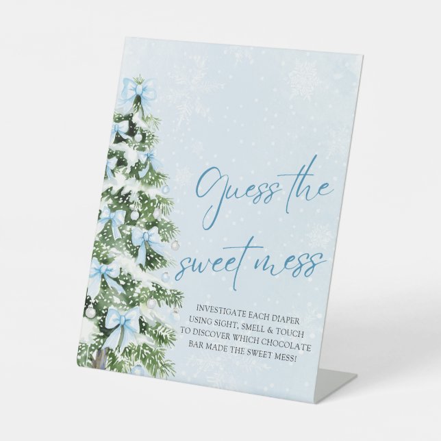 Bows Christmas Baby Shower Guess the Sweet Mess Pedestal Sign (Front)