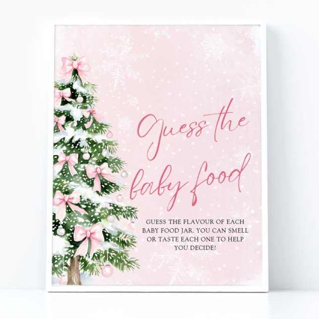 Bows Christmas Guess the Baby Food Baby Shower Poster (Pink Bows Christmas Guess the Baby Food Baby Shower Sign)