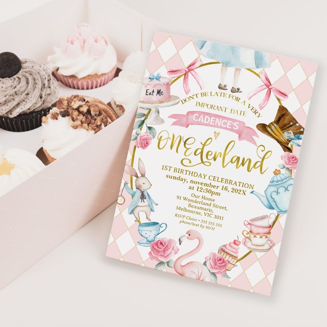 Bows Pink Alice Onederland 1st Birthday Invitation (Alice In Onederland 1st Birthday Invitation Pink Diamond Pattern, Onederland Birthday Pink Bows )