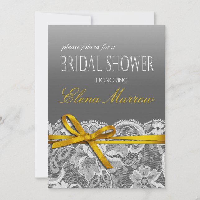 Bows Ribbon & Lace Bridal Shower grey yellow Invitation (Front)