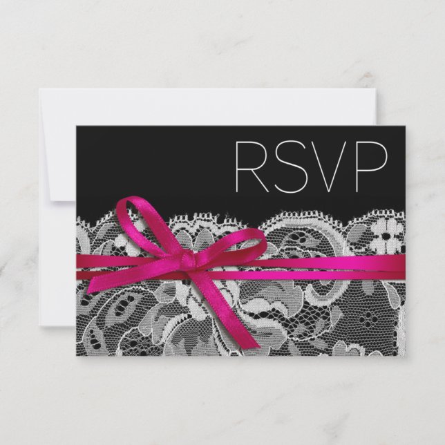 Bows Ribbon & Lace RSVP black fuschia Card (Front)