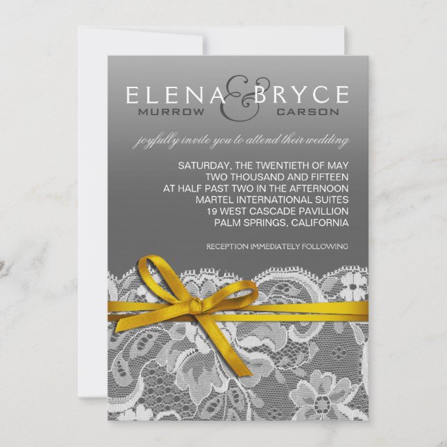 Bows Ribbon & Lace Wedding grey yellow Invitation (Front)