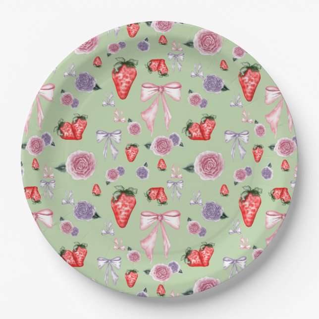 Bows, Roses & Strawberries Coquette Pattern  Paper Plate (Front)